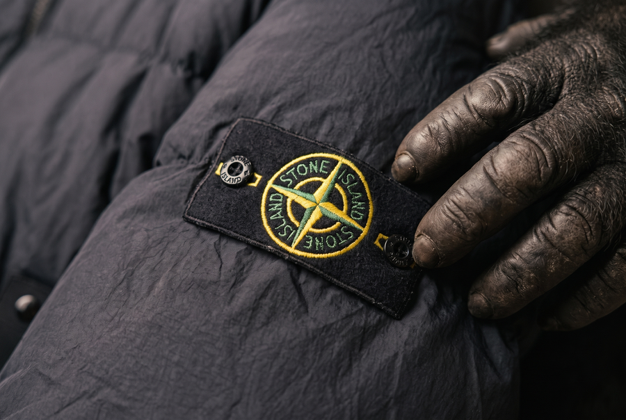 Close up of a Stone Island compass badge buttoned to the sleeve of a jacket