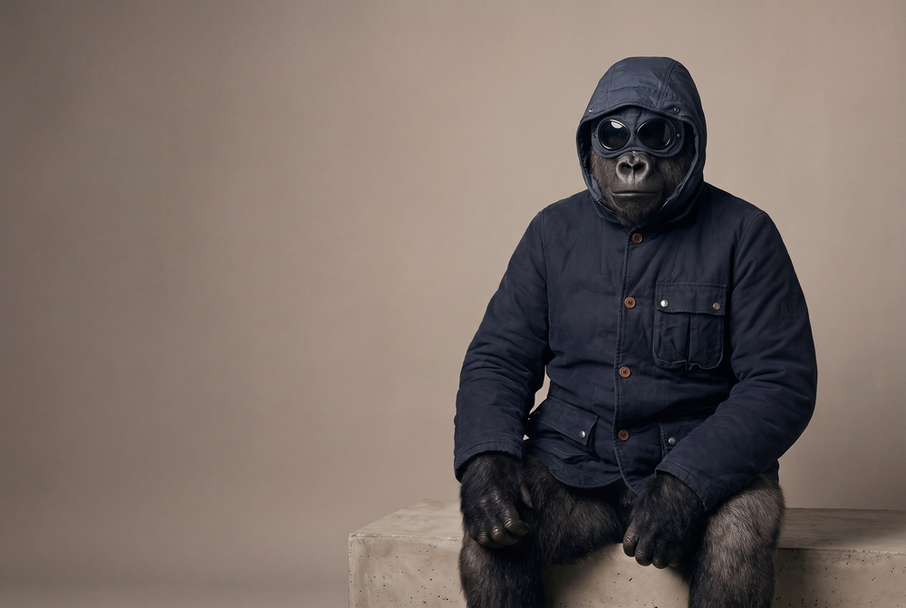 Gorilla wearing a C.P. Company goggle jacket with the hood zipped up