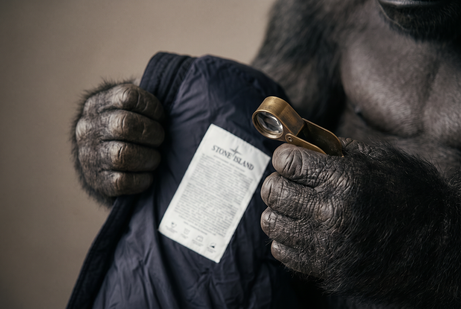 Gorilla checking the inside label of a Stone Island jacket with a loupe
