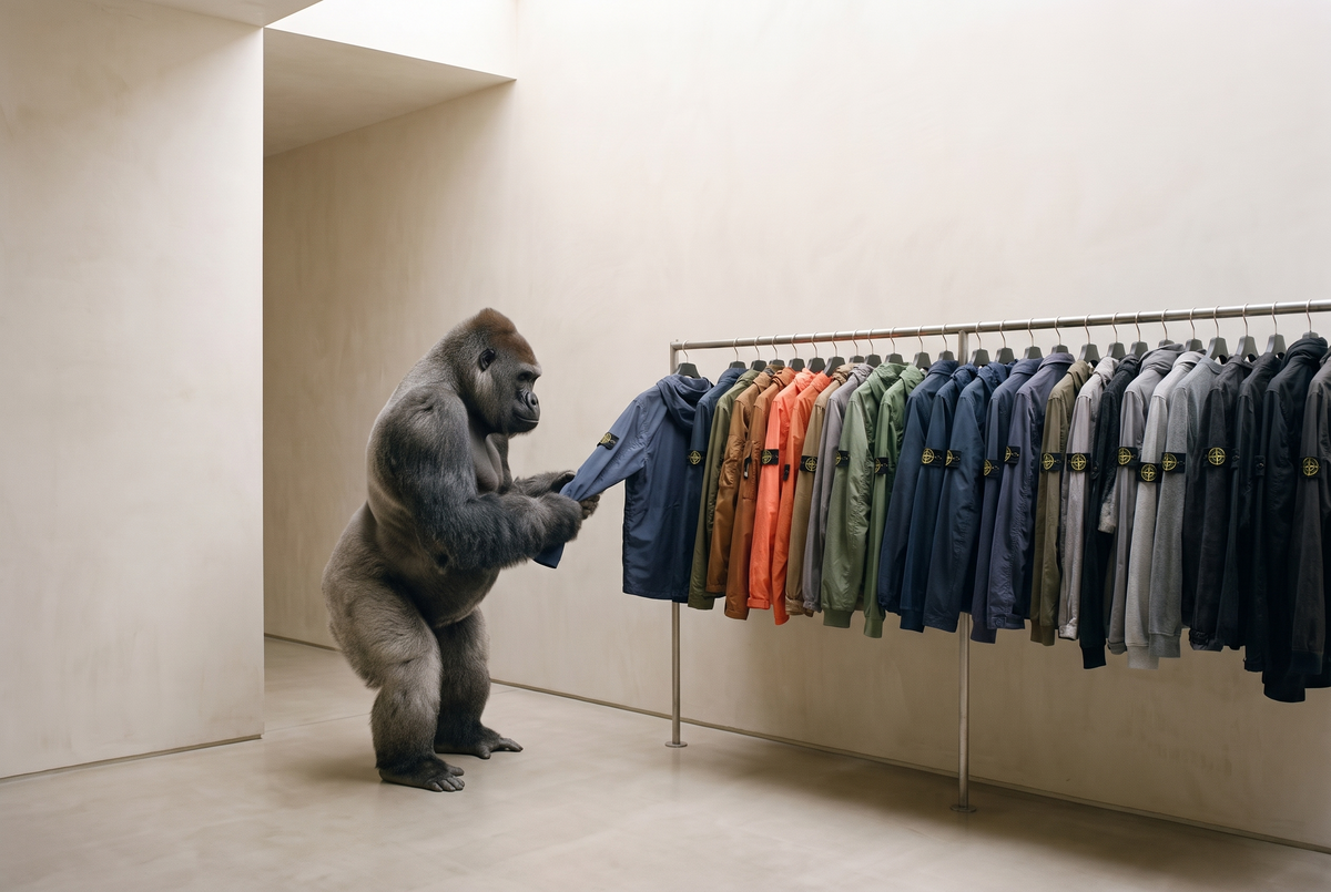 Gorilla browsing a rail of pre-owned Stone Island jackets in an archive