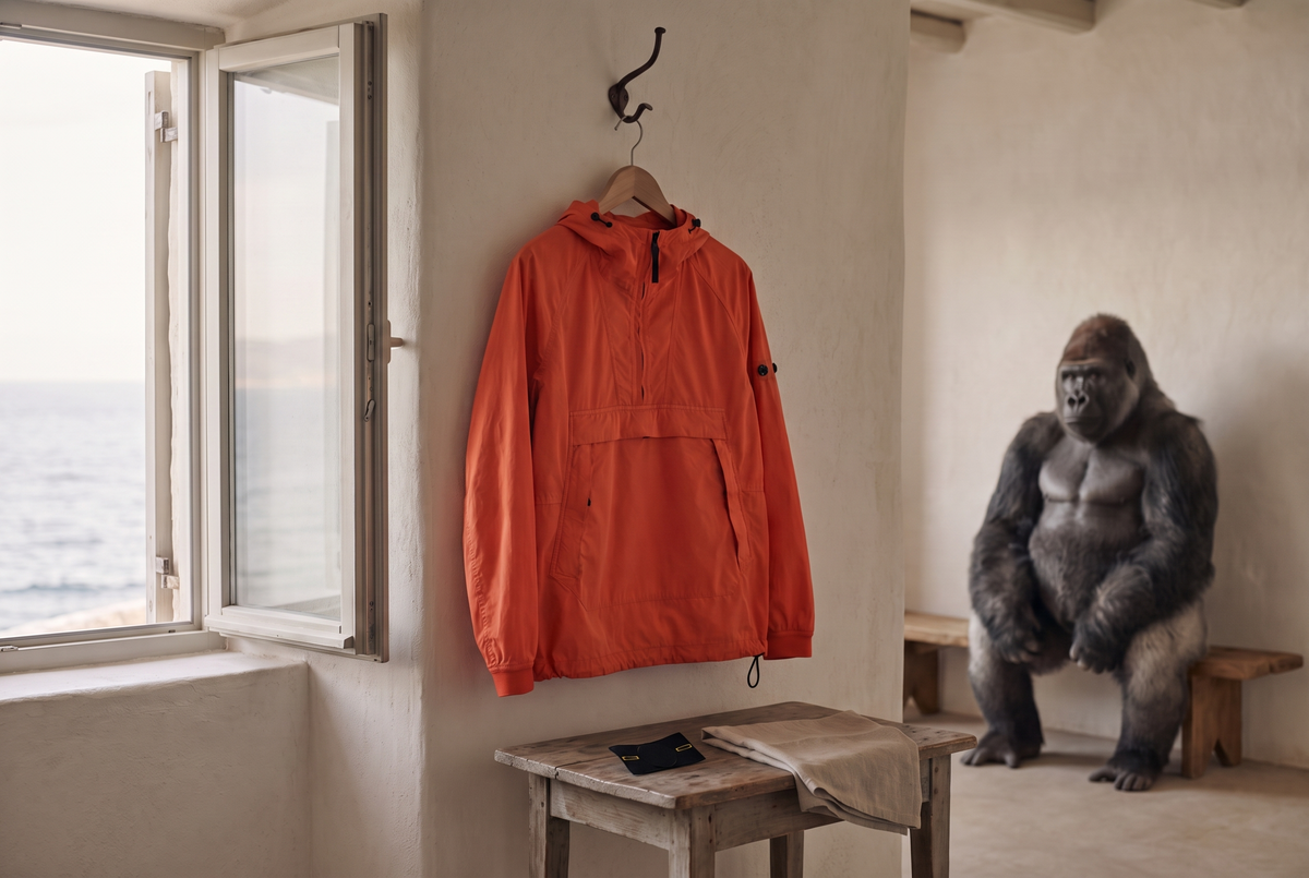 Stone Island jacket drying on a wooden hanger in the shade with its badge removed on a table
