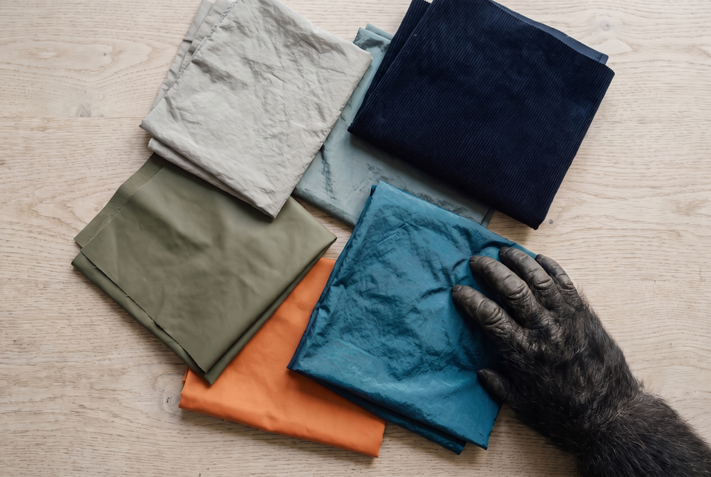 Swatches of Stone Island technical fabrics laid out on a wooden table
