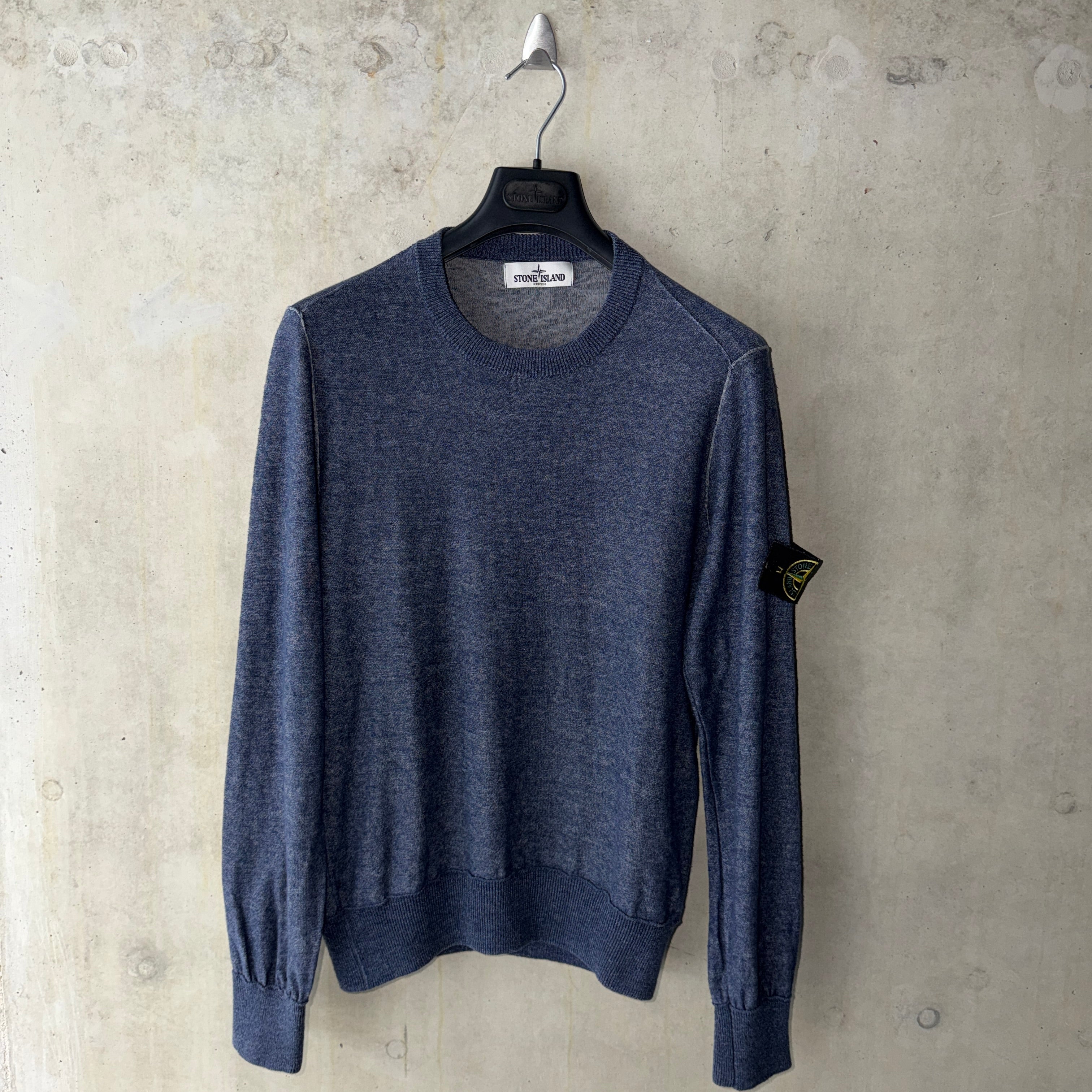 Stone Island cotton linen jumper washed blue melange front view