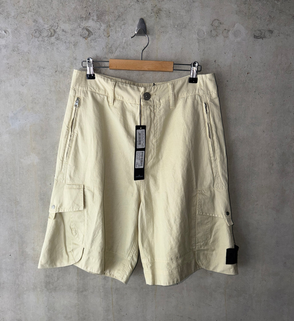 Stone Island Shadow Project cargo shorts pale yellow front view