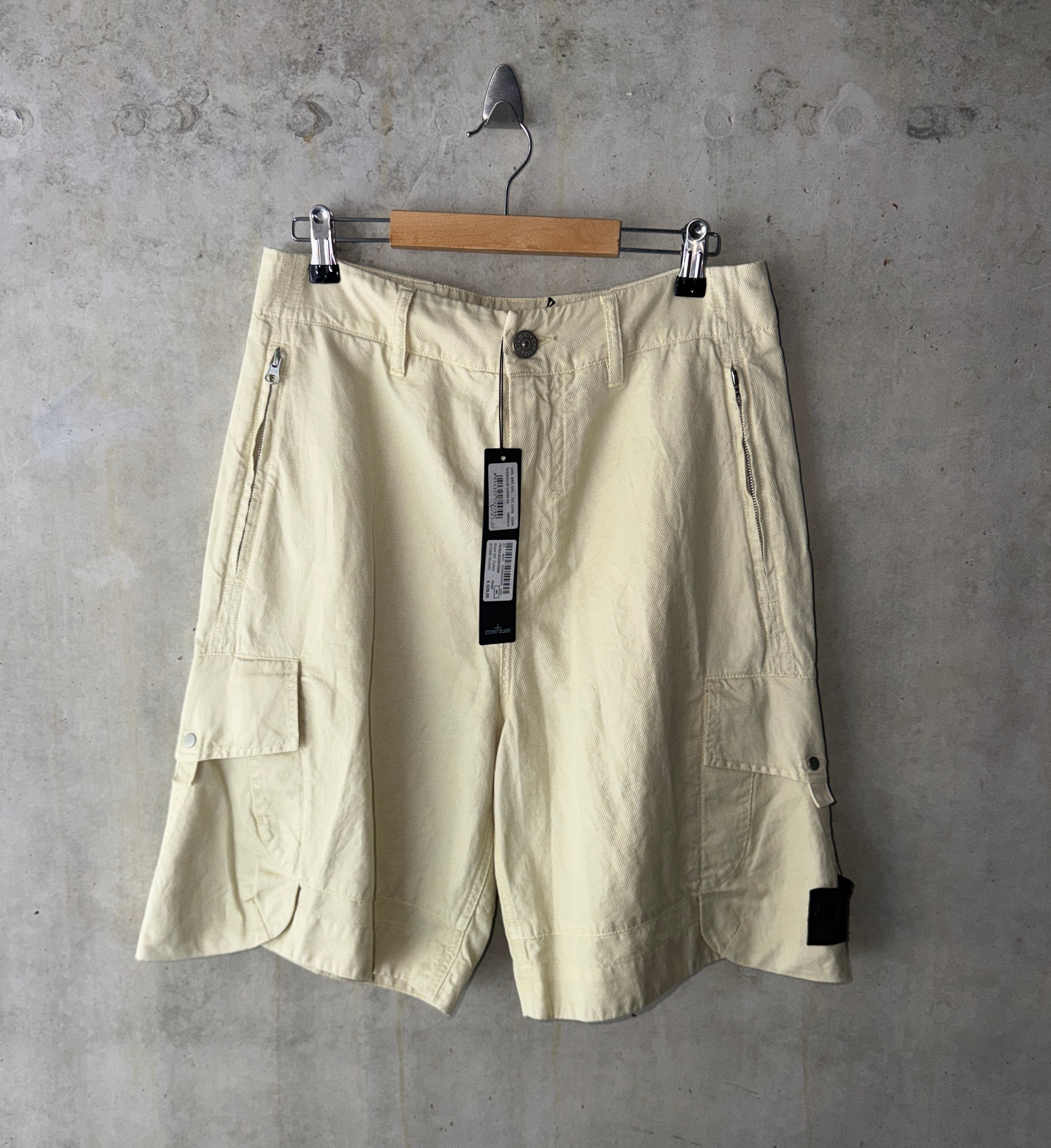 Stone Island Shadow Project cargo shorts pale yellow front view