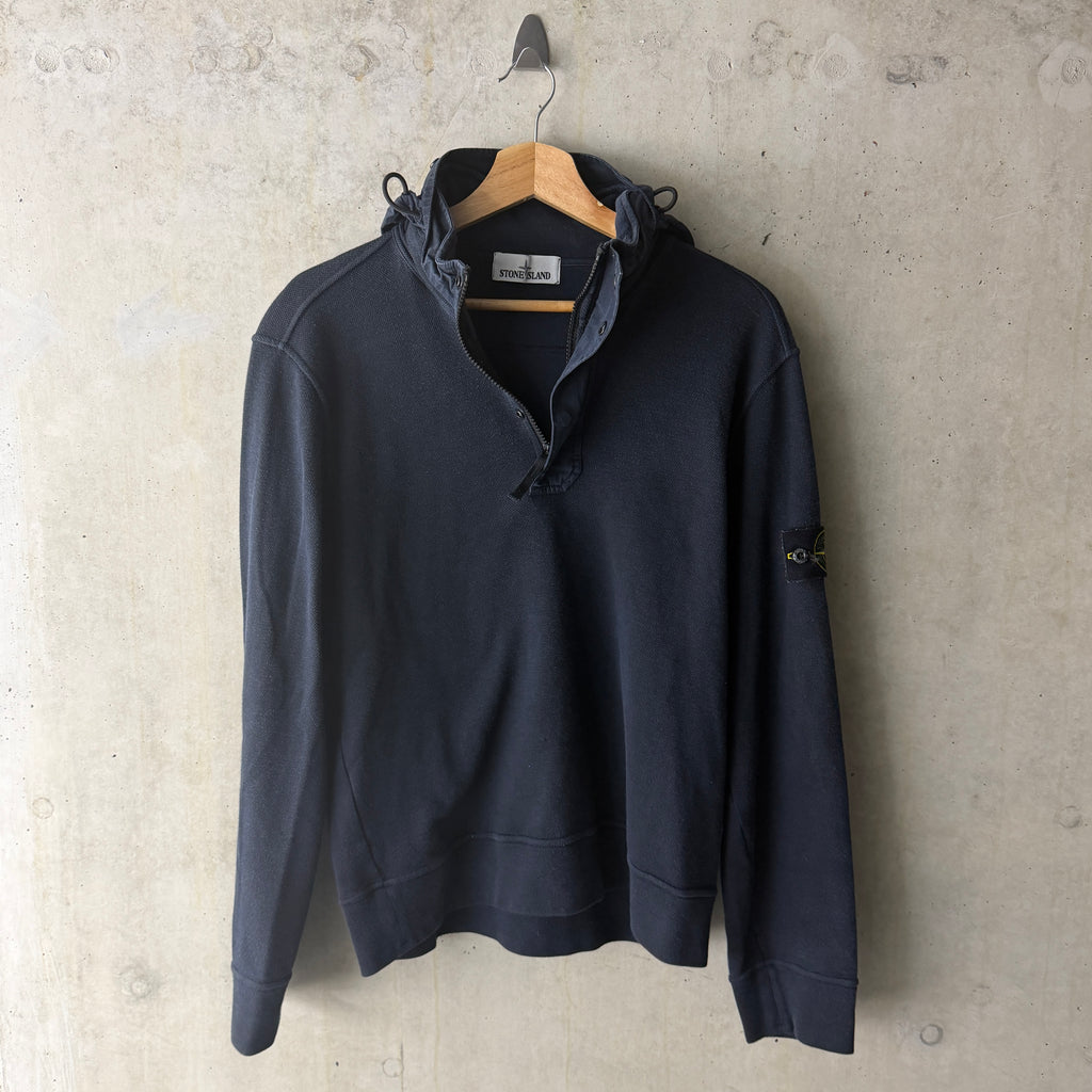 Stone Island half zip hoodie washed navy front view