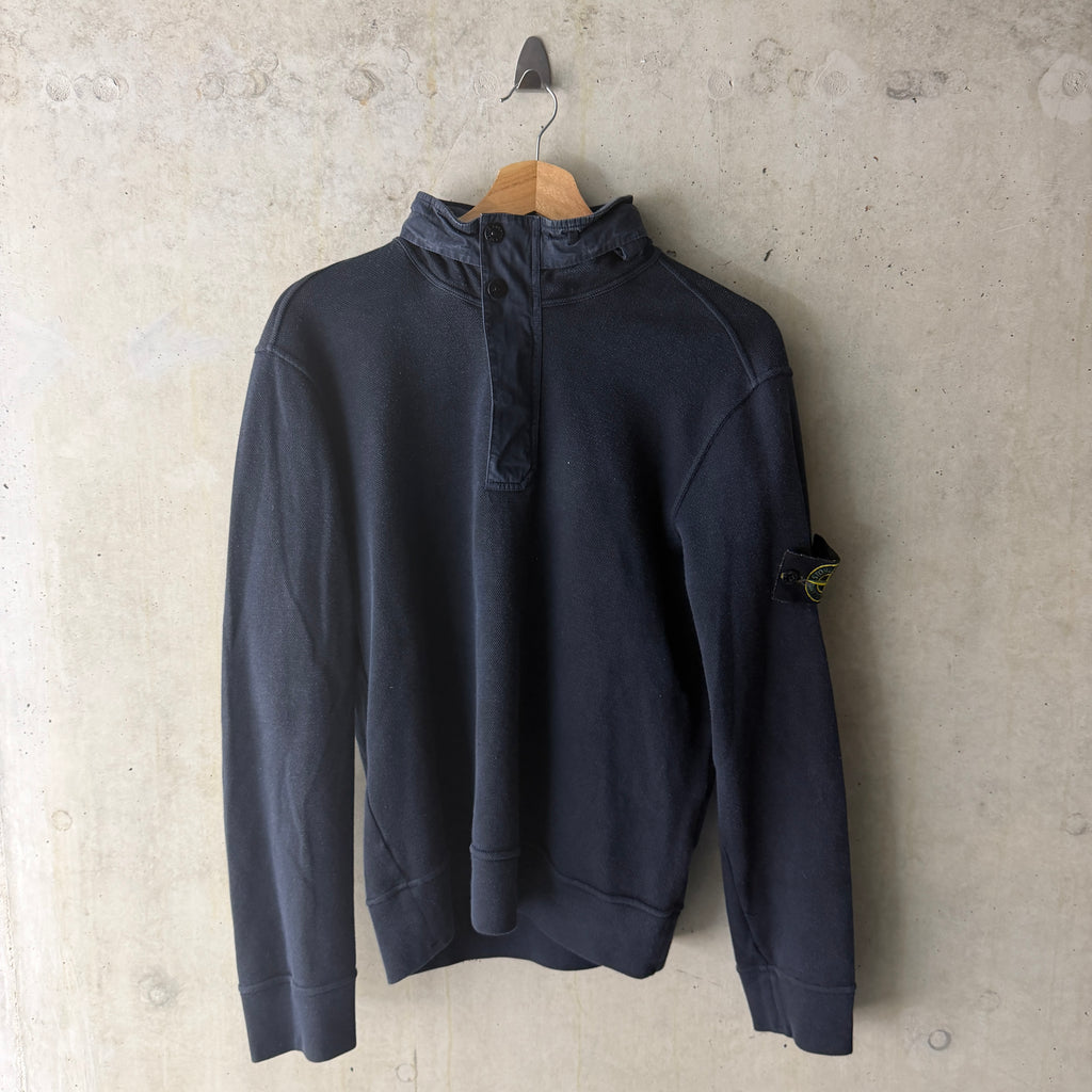 Stone Island half zip hoodie washed navy front view 2