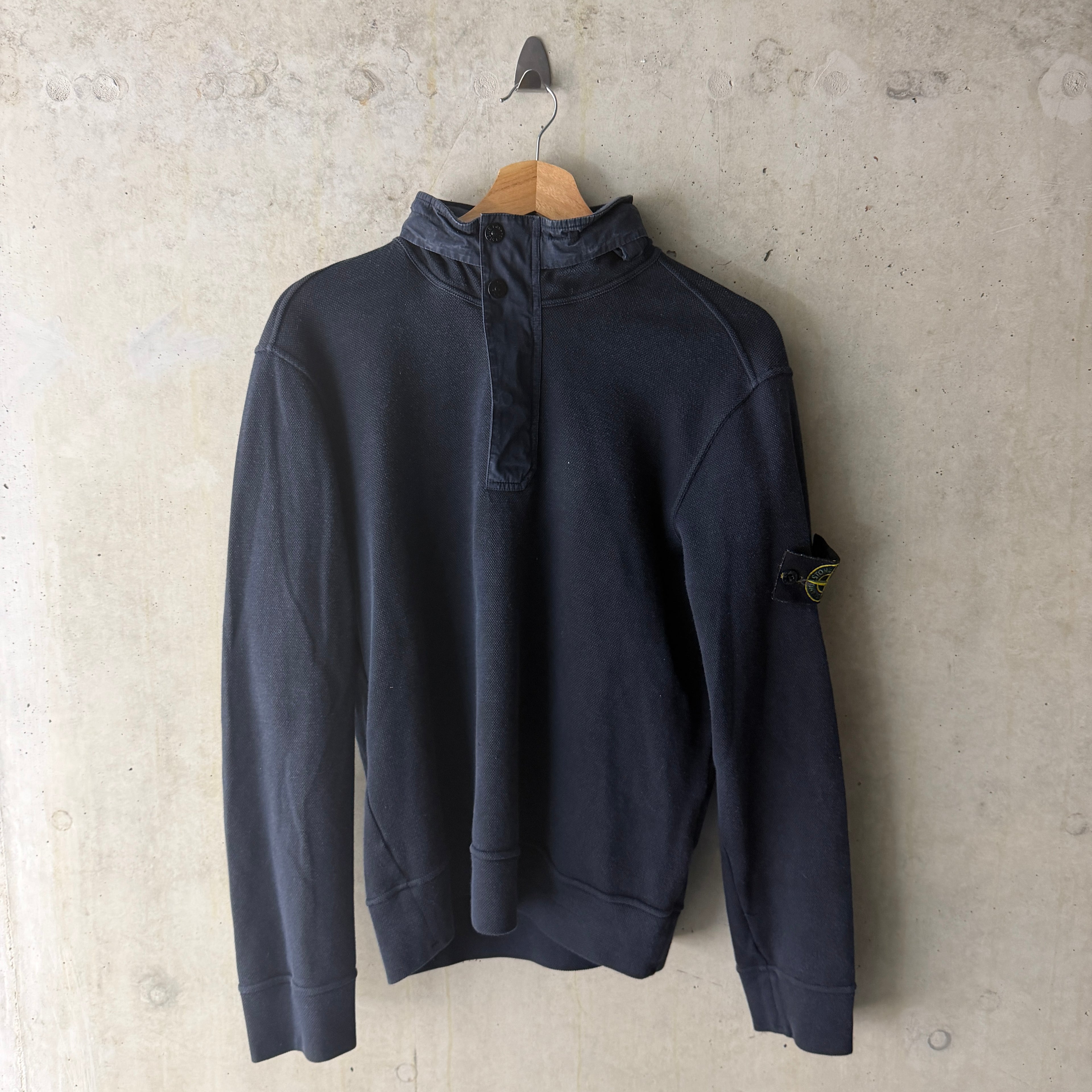 Stone Island half zip hoodie washed navy front view 2