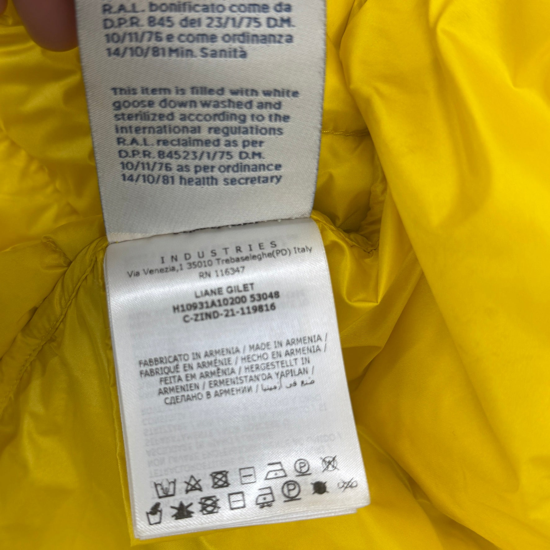 Moncler Liane women's gilet yellow care label