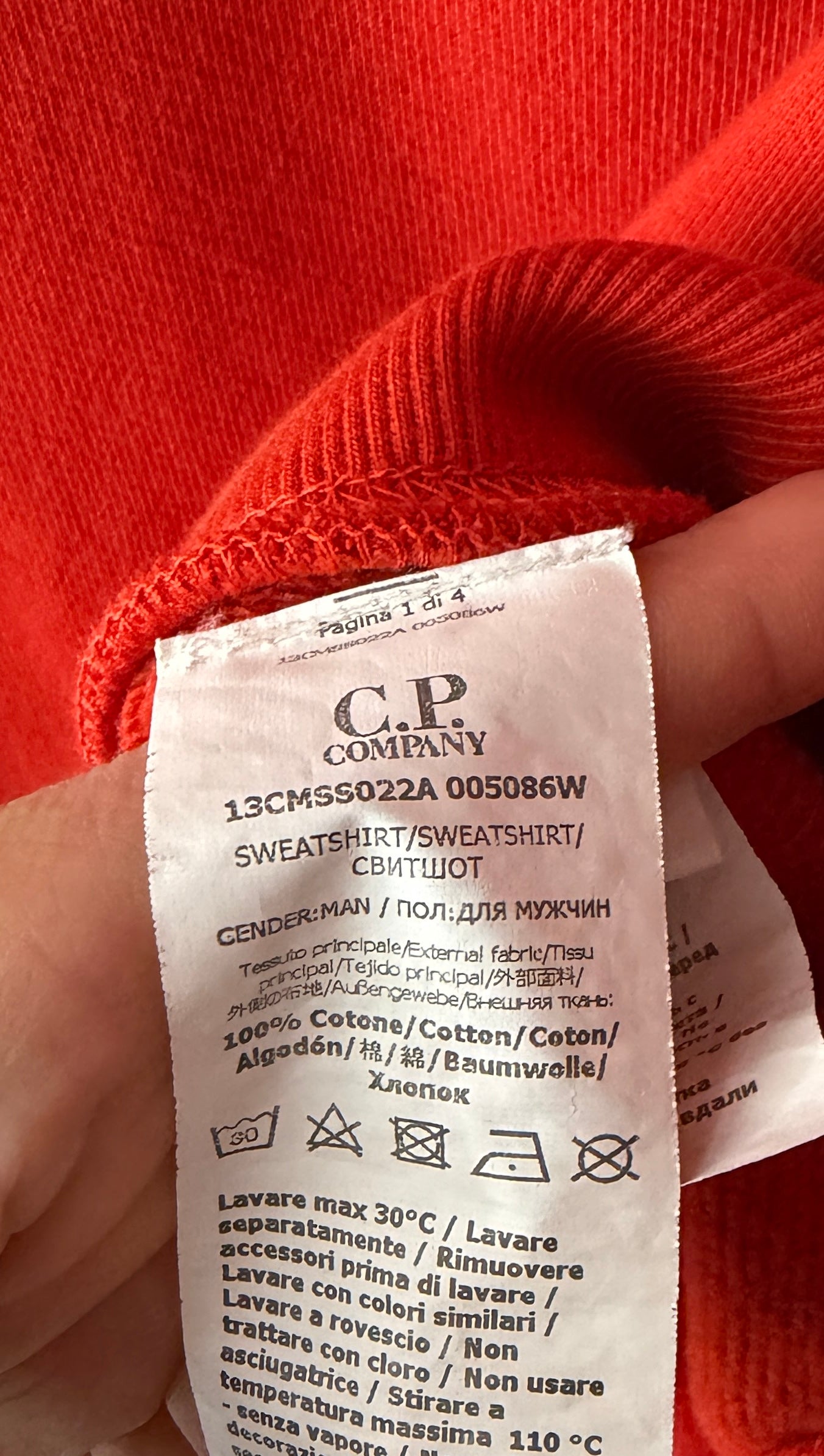 C.P. Company cotton sweatshirt red orange care label 2