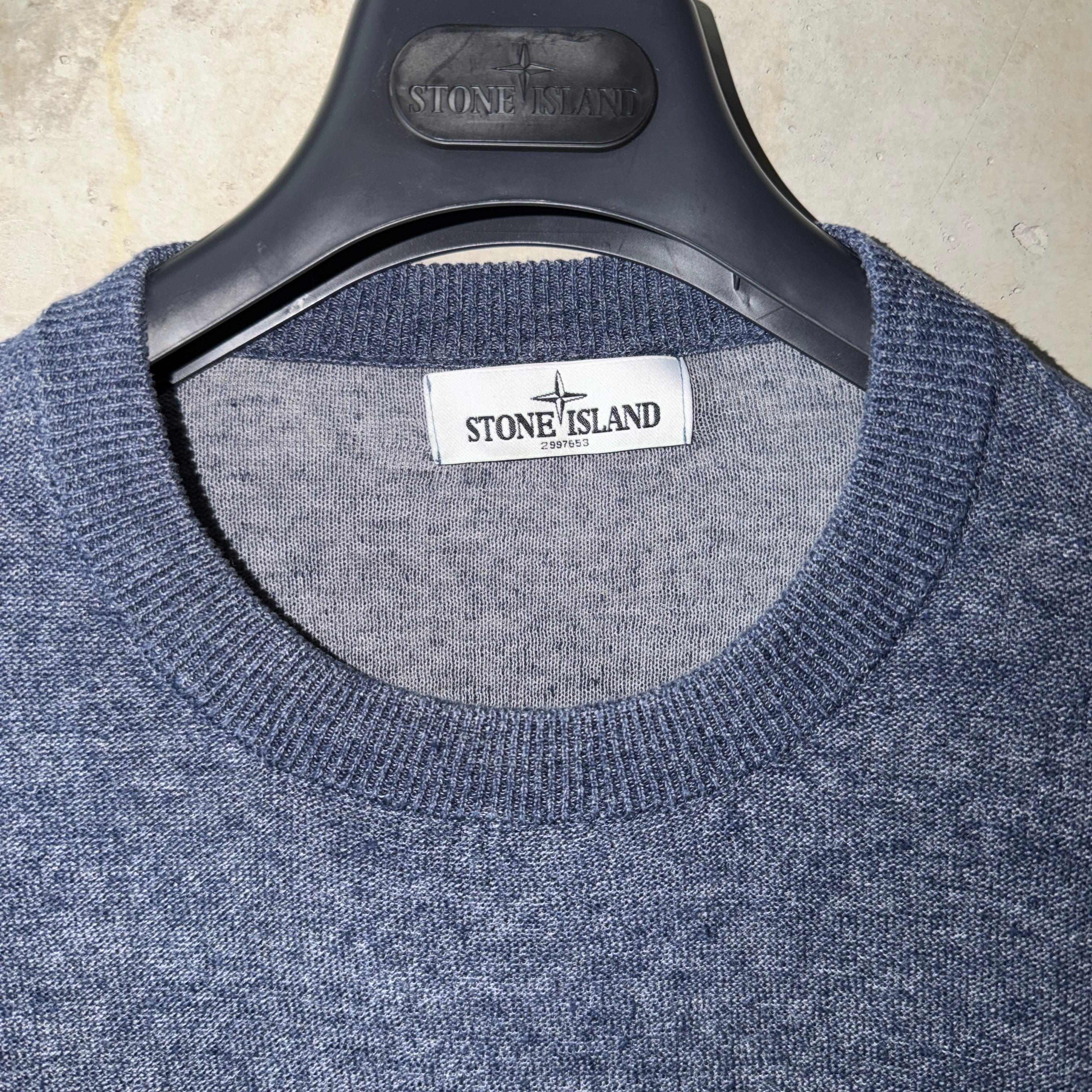 Stone Island cotton linen jumper washed blue melange care label