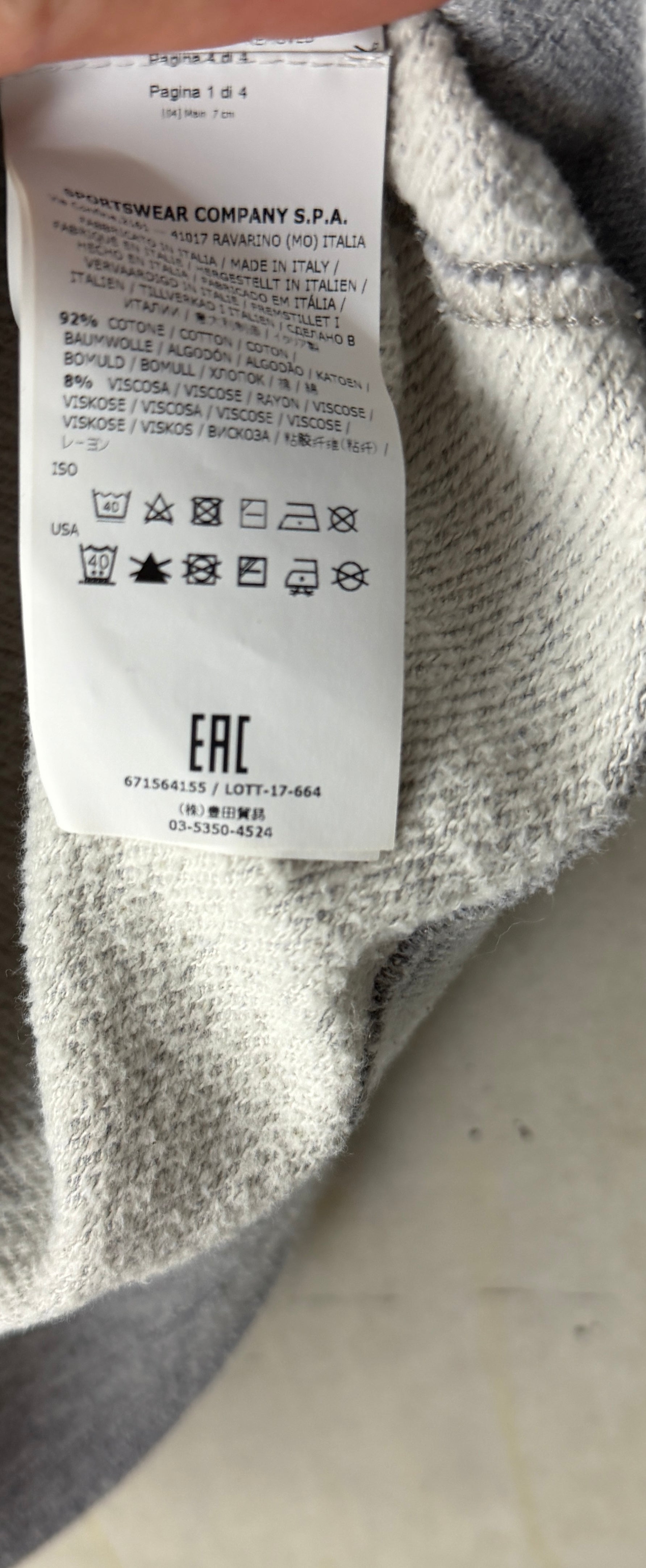 Stone Island logo sweatshirt light grey melange care label 2