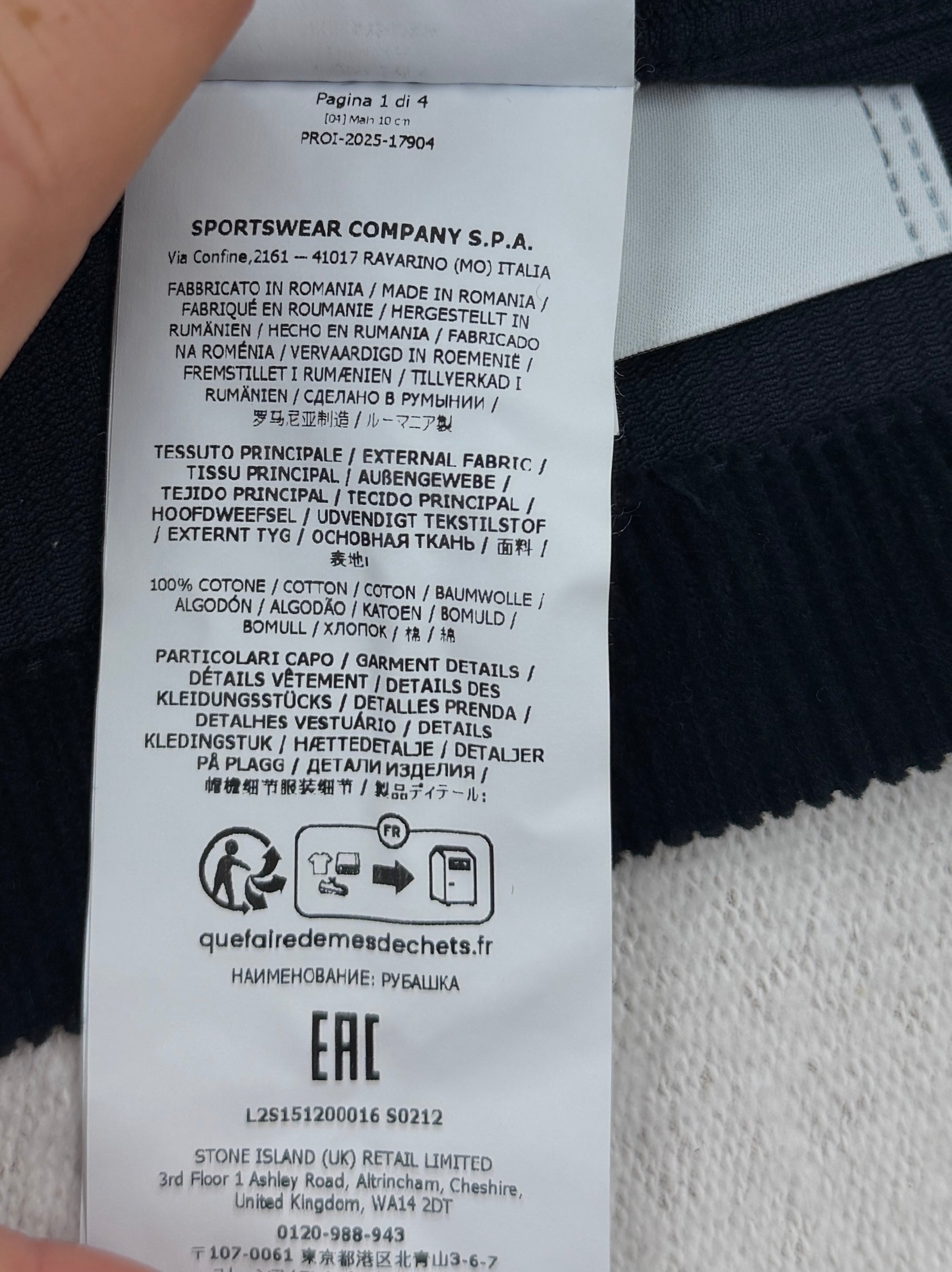 Stone Island Corduroy Organic Cotton Overshirt — label