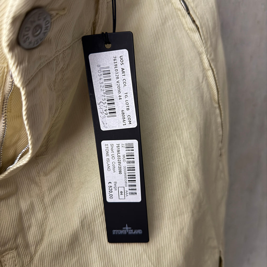 Stone Island Shadow Project cargo shorts pale yellow swing tag