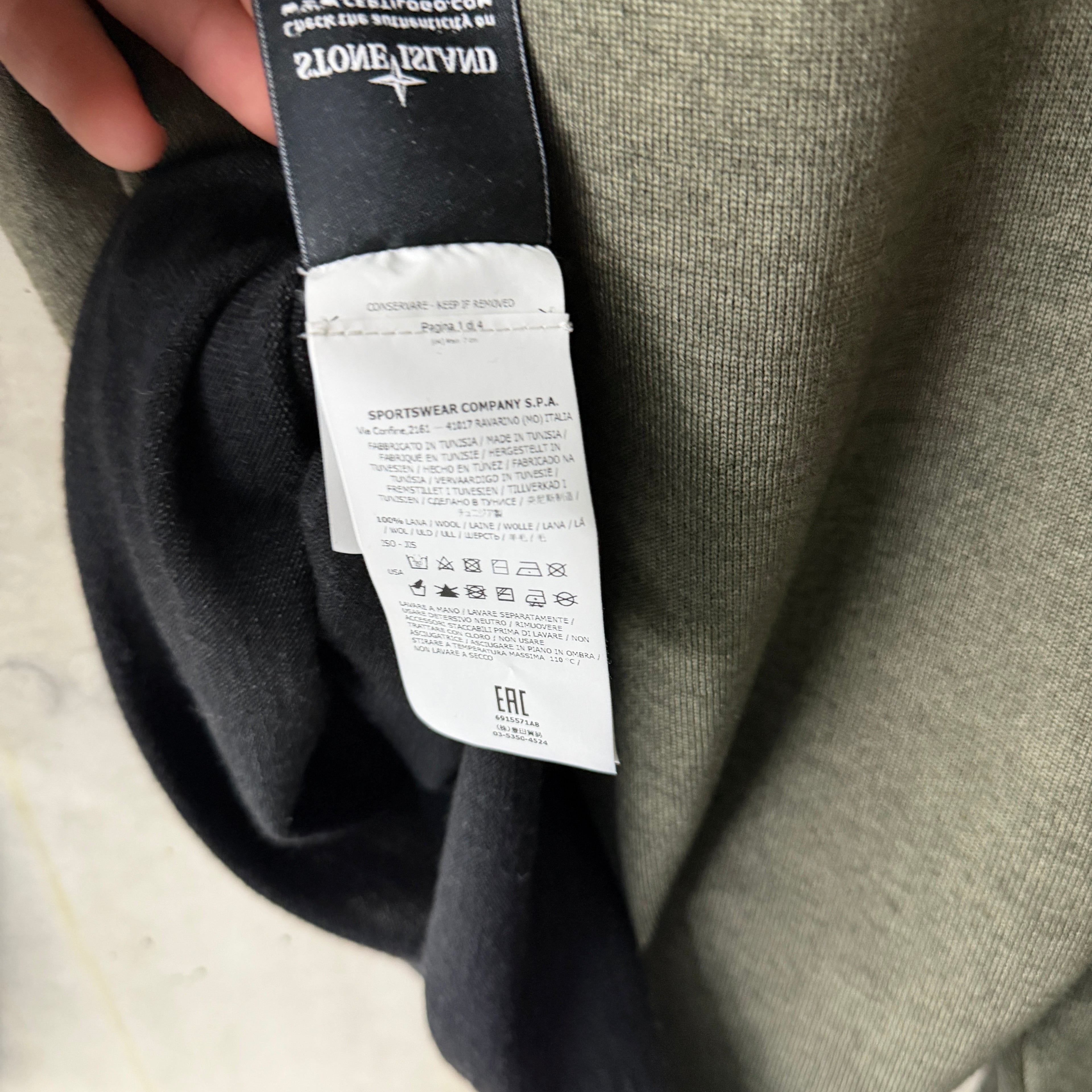Stone Island Fast Dye Airbrush wool jumper olive care label 2