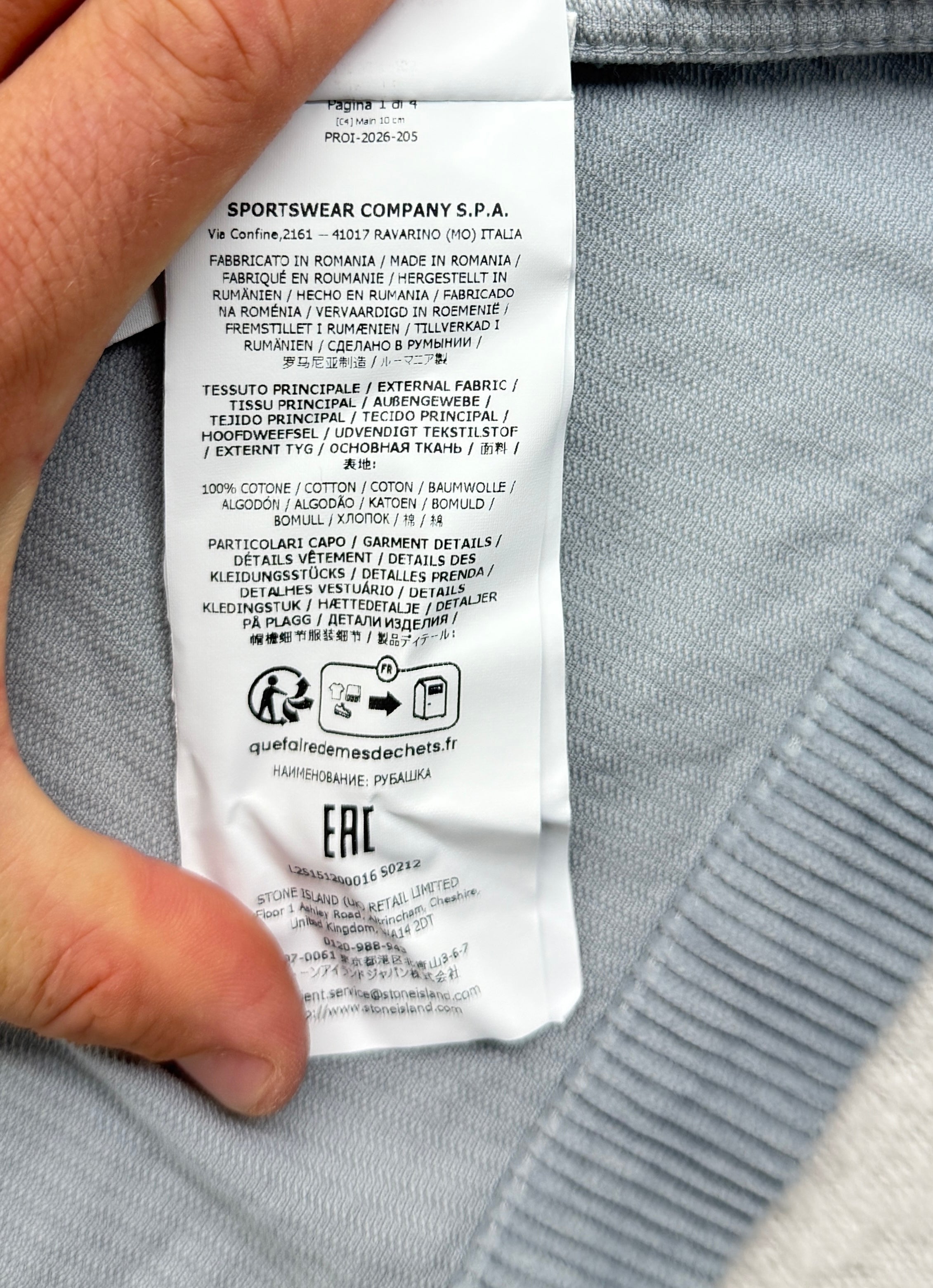 Stone Island Corduroy Organic Cotton Overshirt — label