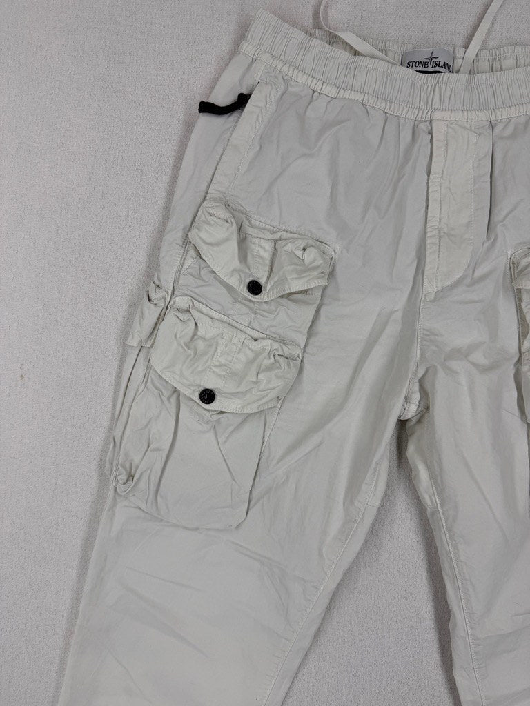 Stone Island SS22 Multipocket White Cotton Cargo Trousers — detail