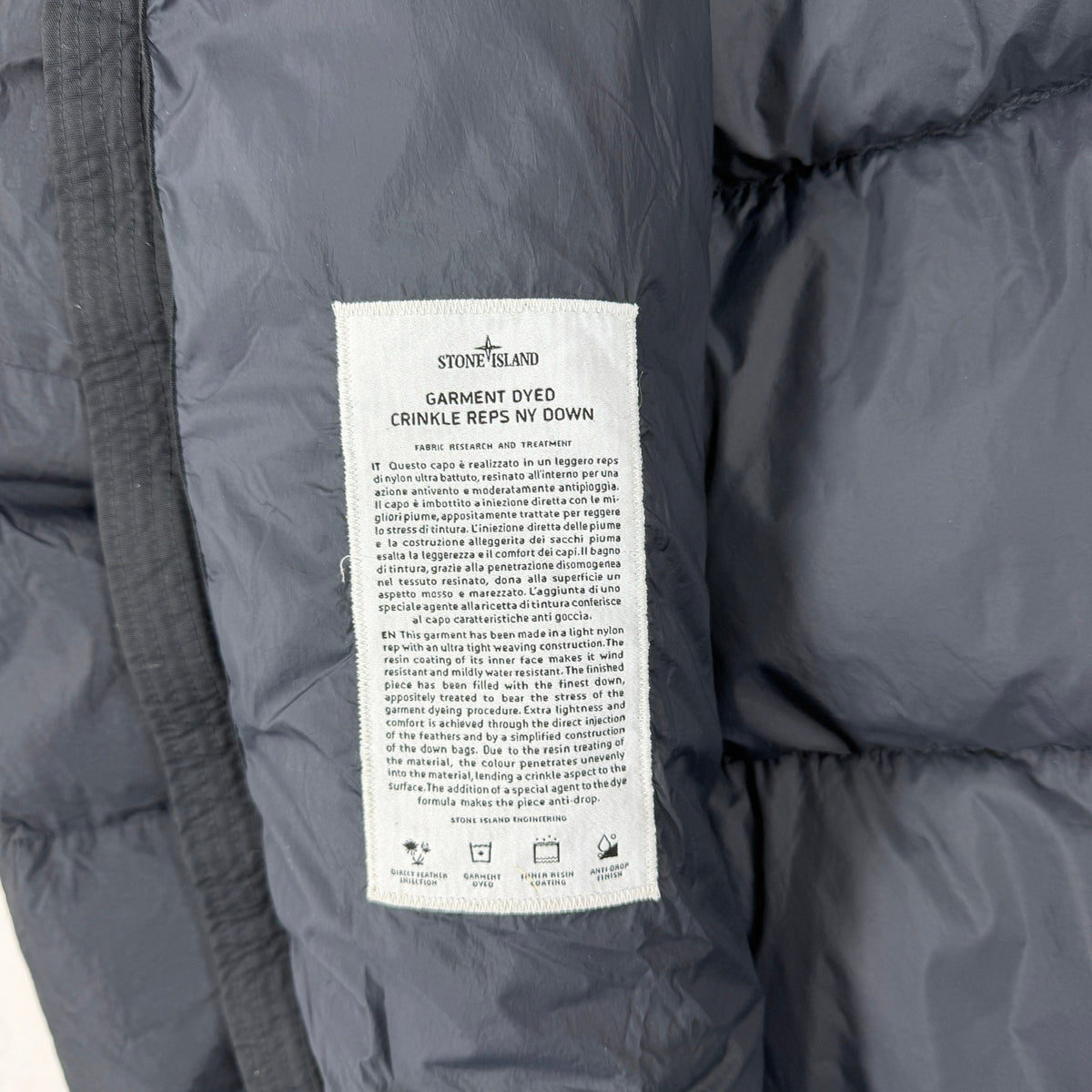 Stone Island AW21 Garment Dyed Crinkle Reps NY Down Hooded Jacket — detail