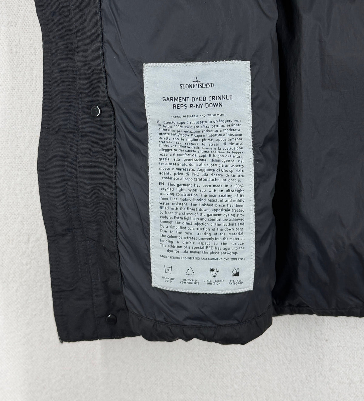 Stone Island AW24 Garment Dyed Crinkle Reps R-NY Down Vest — detail