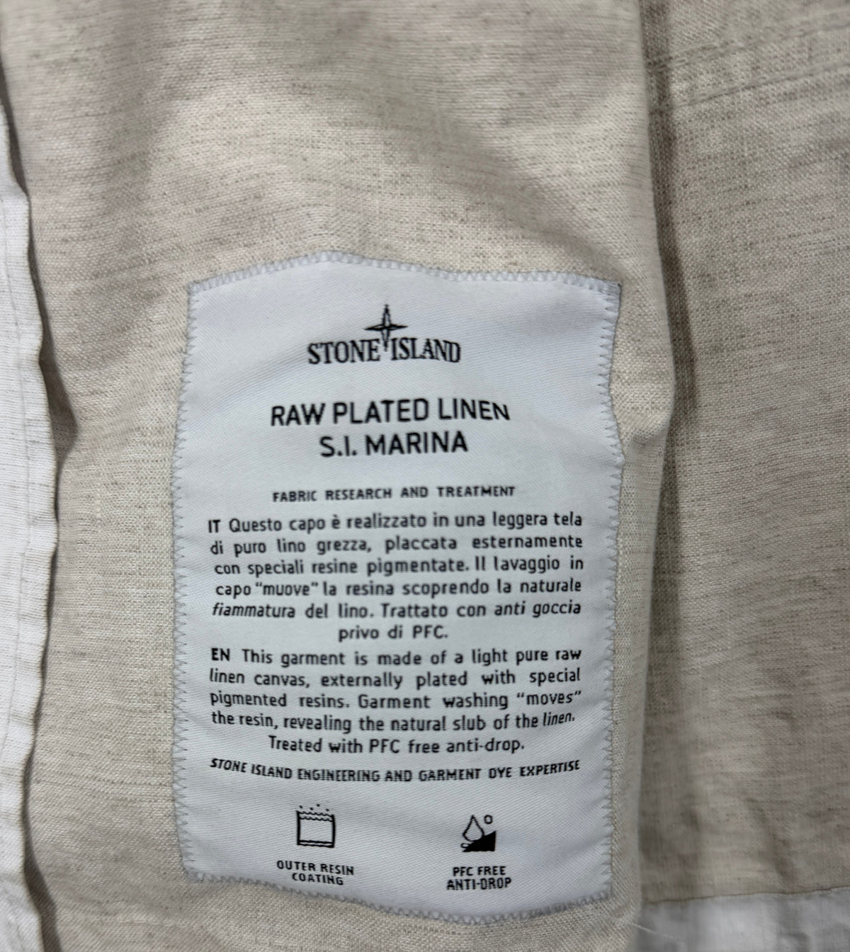 Stone Island SS24 Marina Raw Plated Linen Jacket — detail